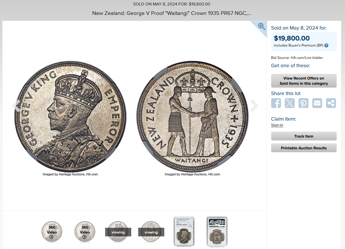 ニュージーランド｜1935年ジョージ5世 ワイタンギ クラウン銀貨【PF66