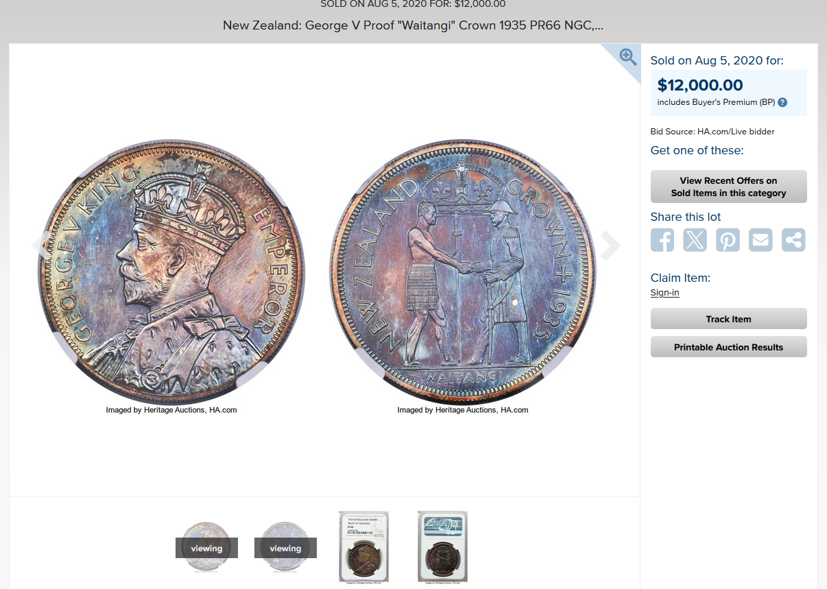 ニュージーランド｜1935年ジョージ5世 ワイタンギ クラウン銀貨【PF66