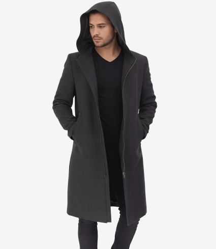 Men's Black Hooded Duffle Wool Coat | Winter Overcoat In Canada