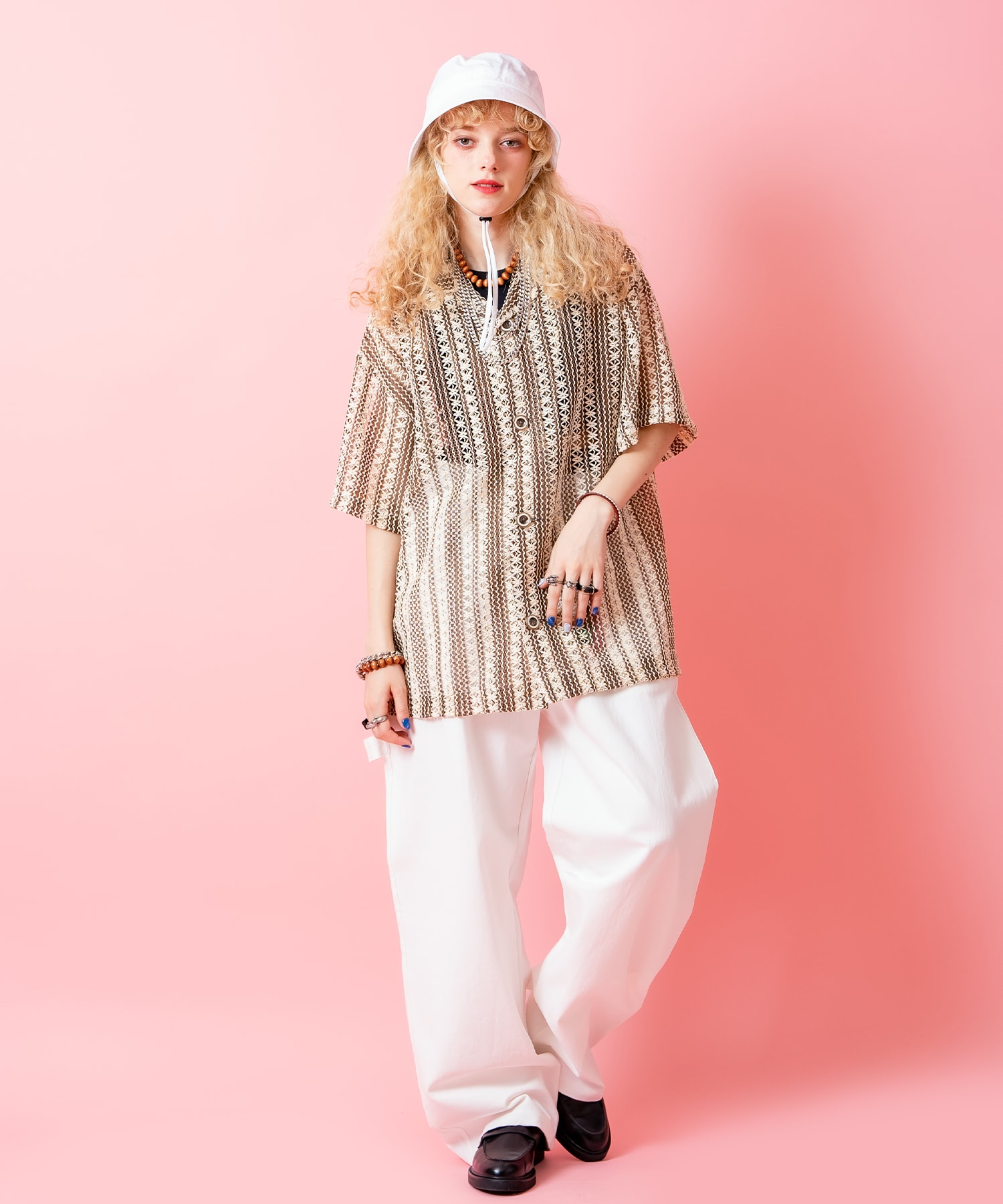 レトロストライプ柄クロシェニット風オーバーサイズオープンカラー