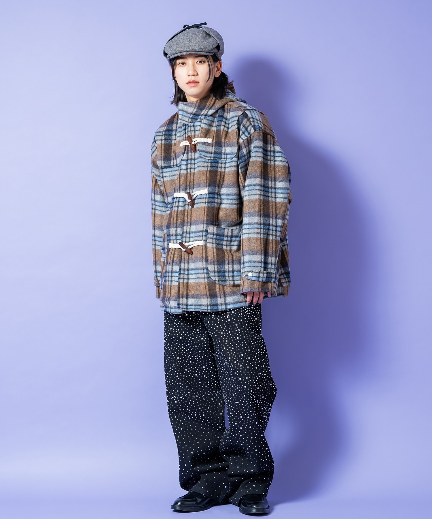 起毛ファータッチ肉厚チェックオーバーサイズ中綿ダッフルコート