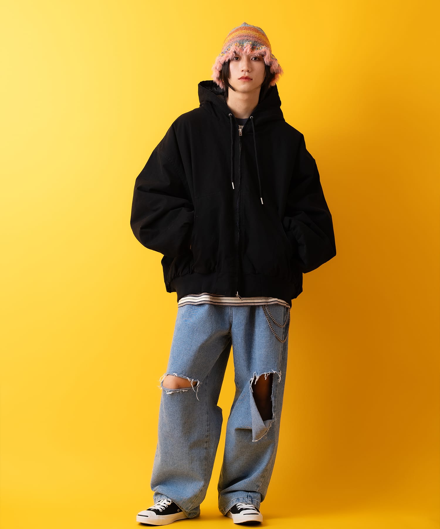 スーパーオーバーサイズ裏キルティング中綿ダックフードブルゾン