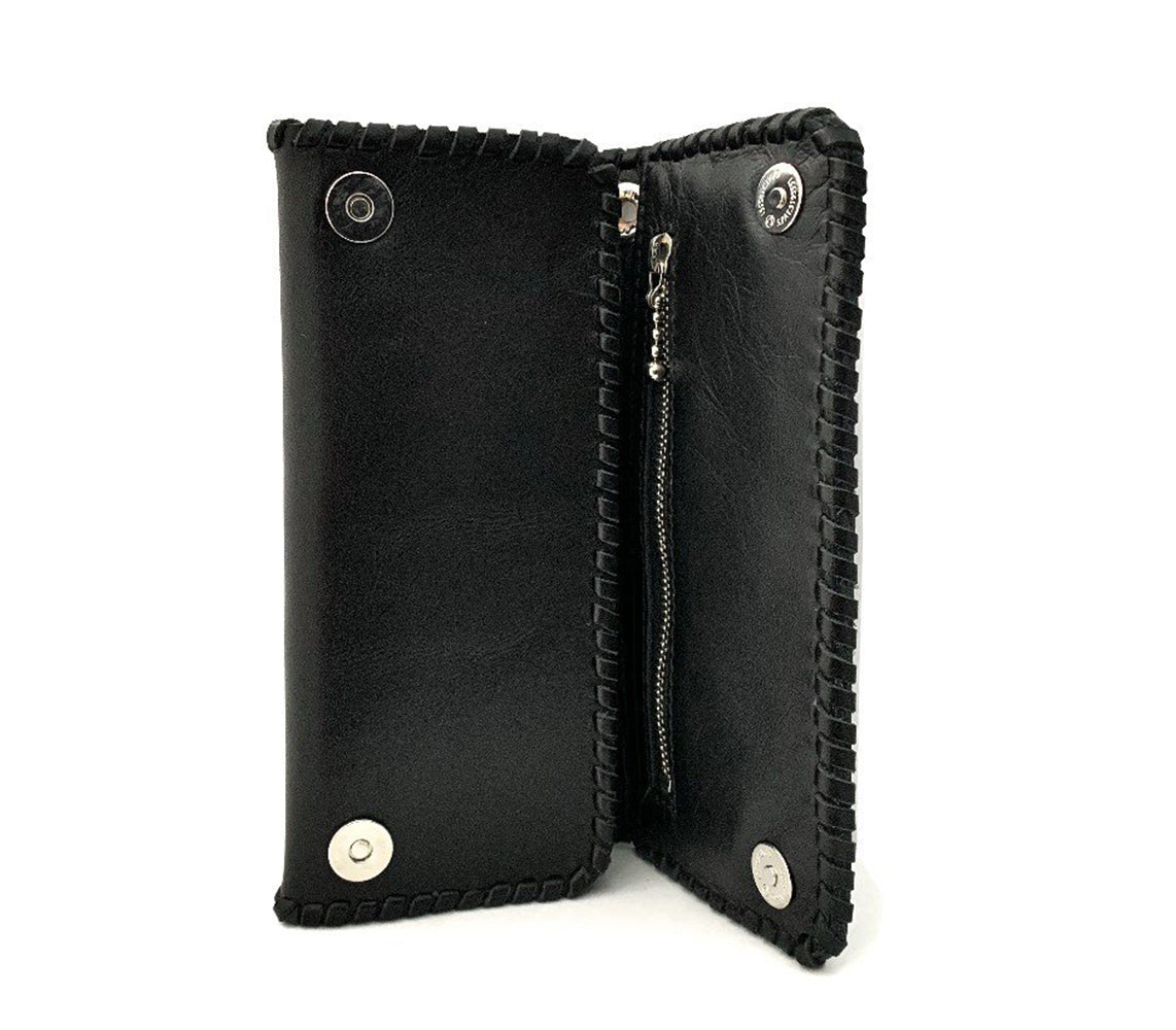 Long Leather Biker Wallet, Cross Design, Sterling Silver Buttons