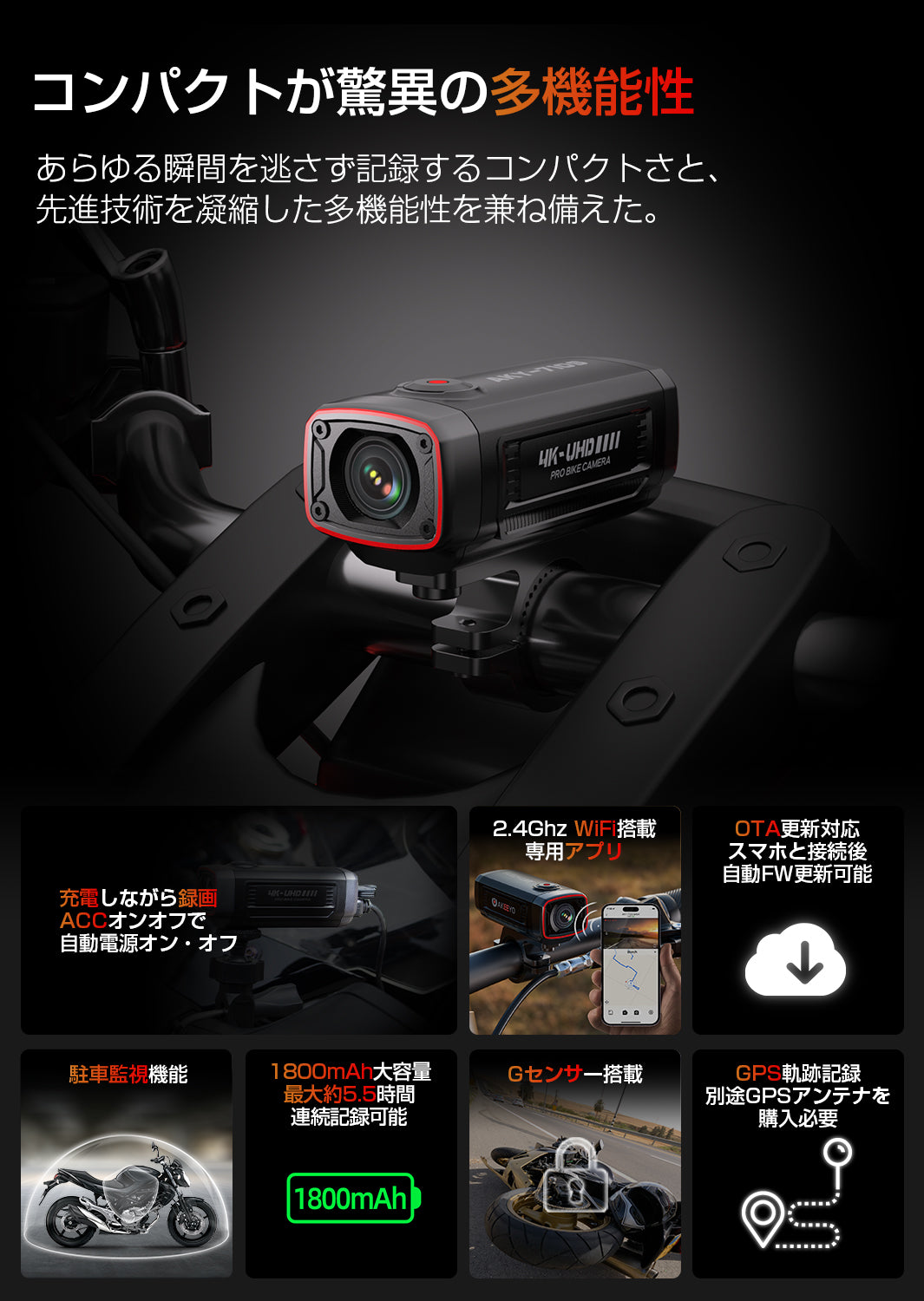 バイクドライブレコーダー 4K UHD 500万画素 充電式 自転車 二輪車も