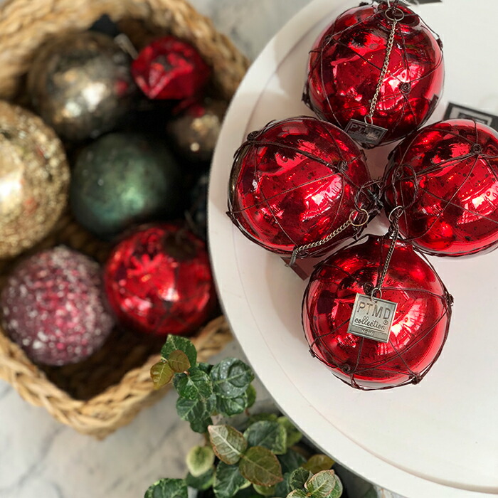 BRIGHT アイアンガラスハンギングボール オーナメント Mサイズ レッド