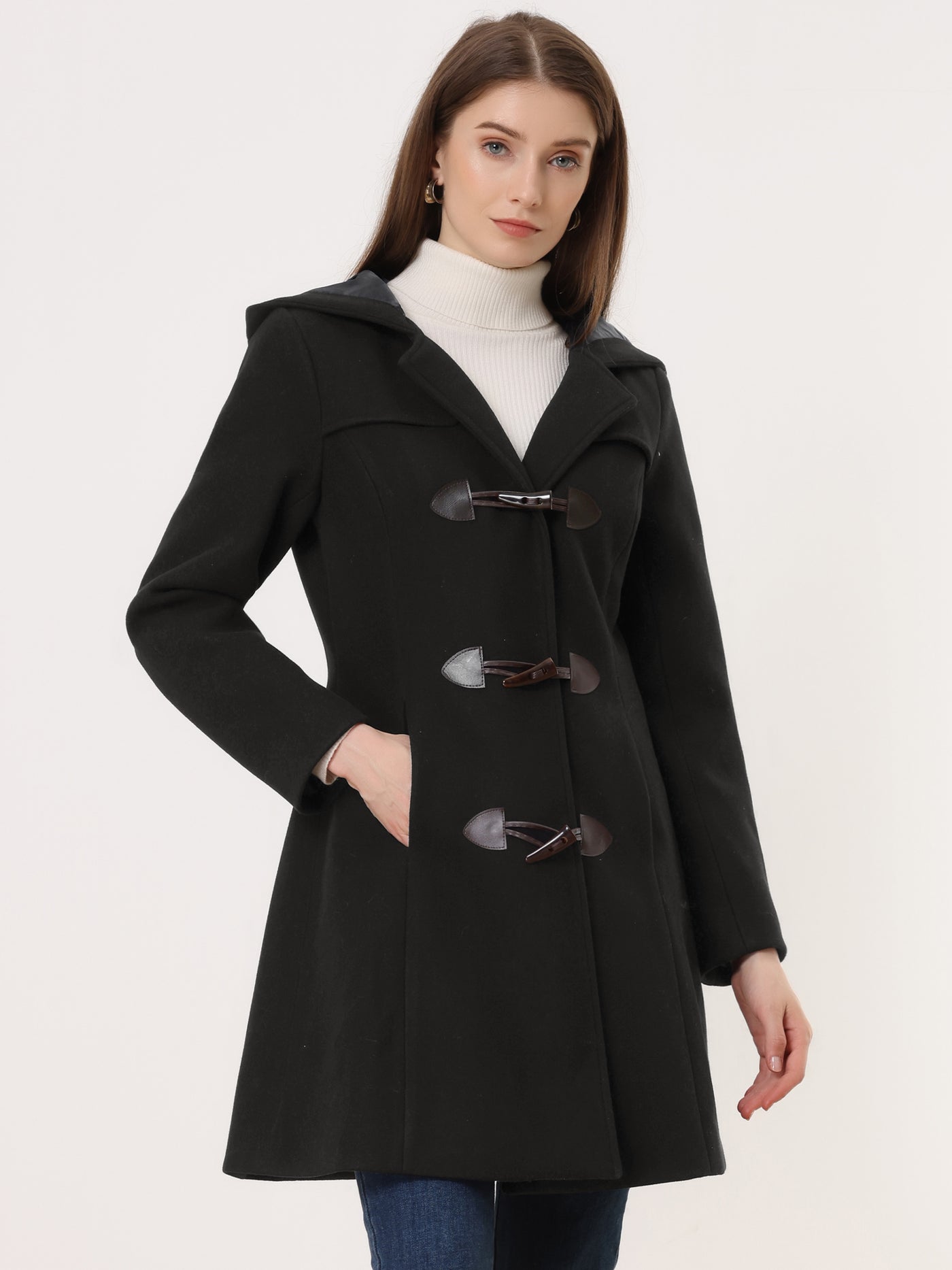 Hooded Toggle Button Up Duffle Coat Winter Outwear | Allegra K