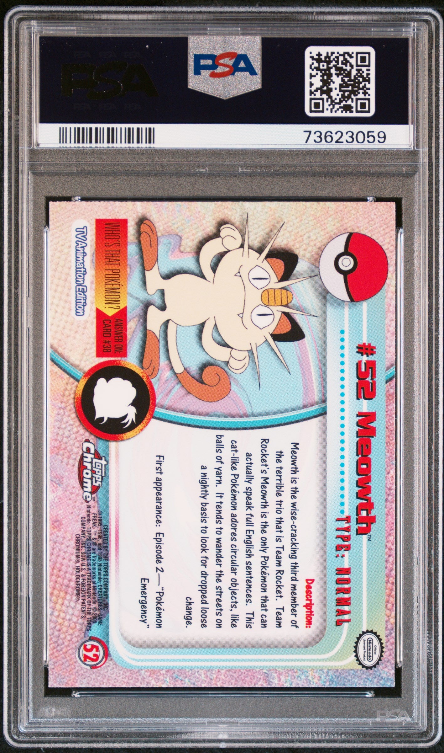 2000 Topps Chrome Pokemon T.V. #52 Meowth Pokemon T.V. PSA 9