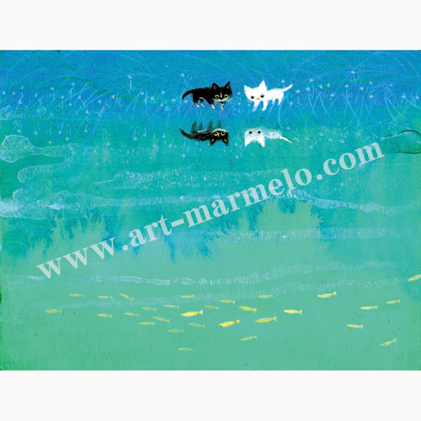 渡辺あきお「川辺の出会い」 自筆サイン入り版画