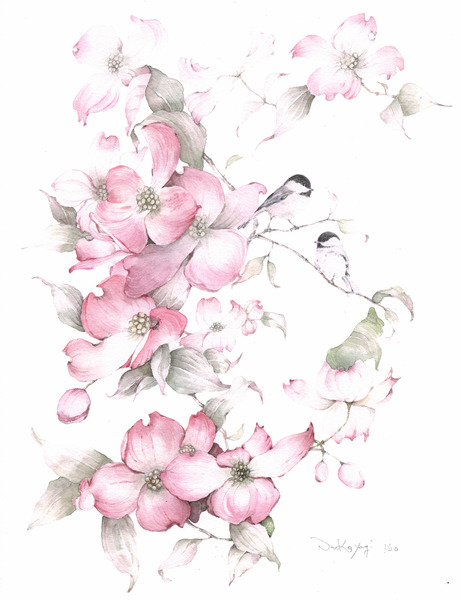 ピンクのハナミズキと小鳥(1/20)」 by なお子｜Artmeter｜暮らしを彩る