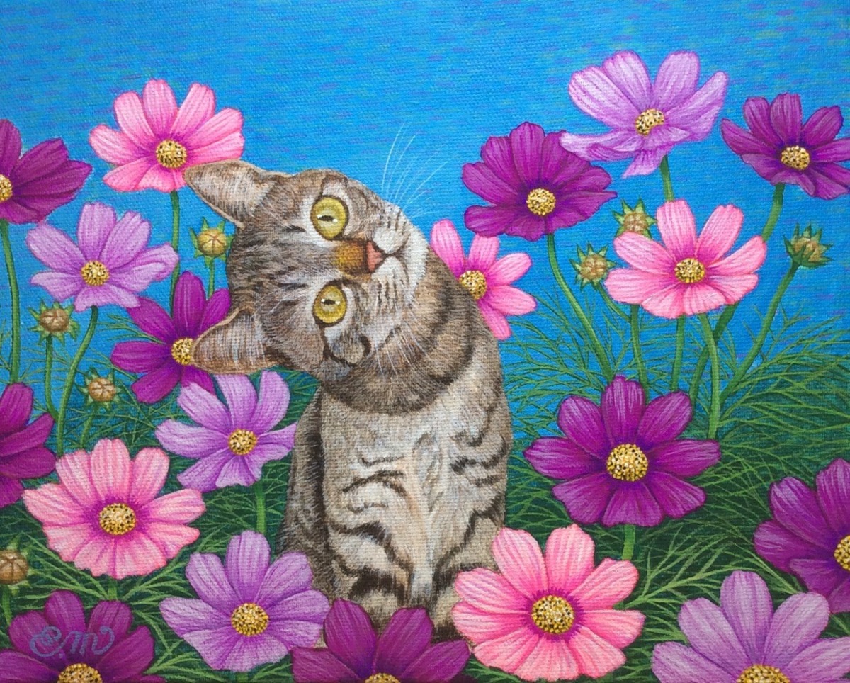 油絵 菅家令子 絵 絵画 インテリアuF6-070919 夕陽(朝陽)と猫の親子