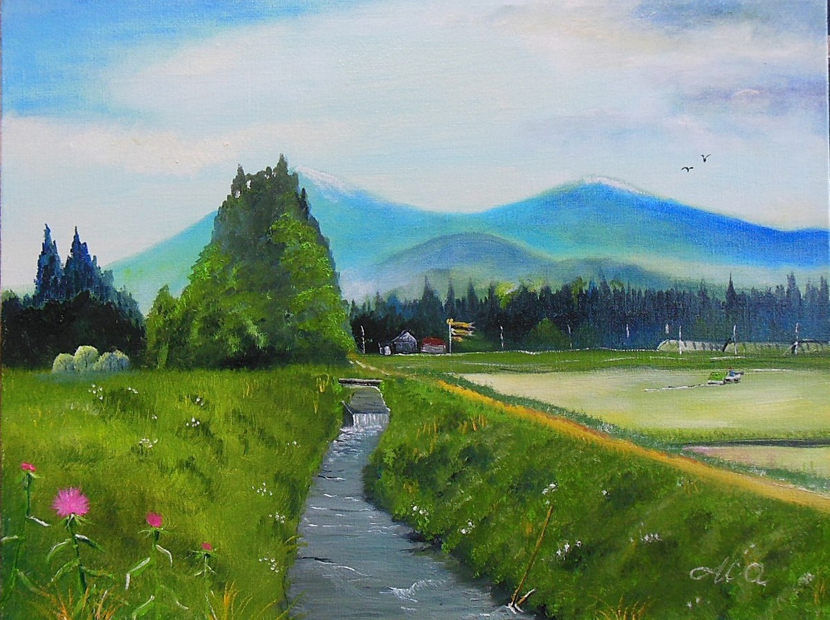 夕焼けのローカル踏切風景 f-6号」 by 渡辺 正重｜Artmeter｜暮らしを