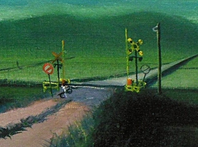 夕焼けのローカル踏切風景 f-6号」 by 渡辺 正重｜Artmeter｜暮らしを