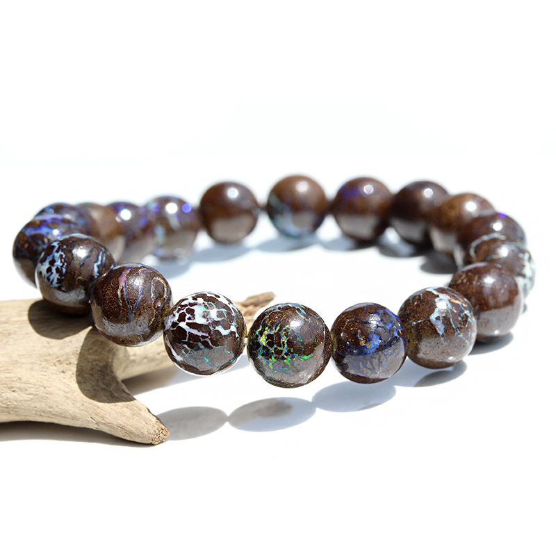 店長厳選】ボルダーオパール10mmブレスレット-014水晶クラスター