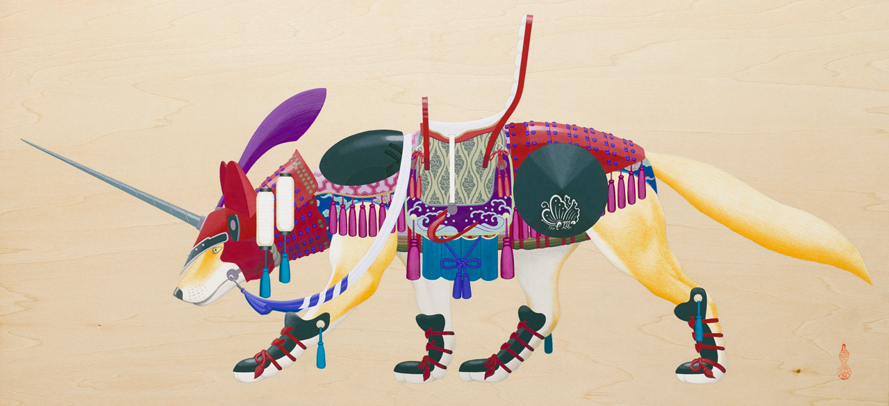 狐鉄地朱漆塗一角形兜色々威二枚胴具足 | アートカフェ オフィシャルサイト