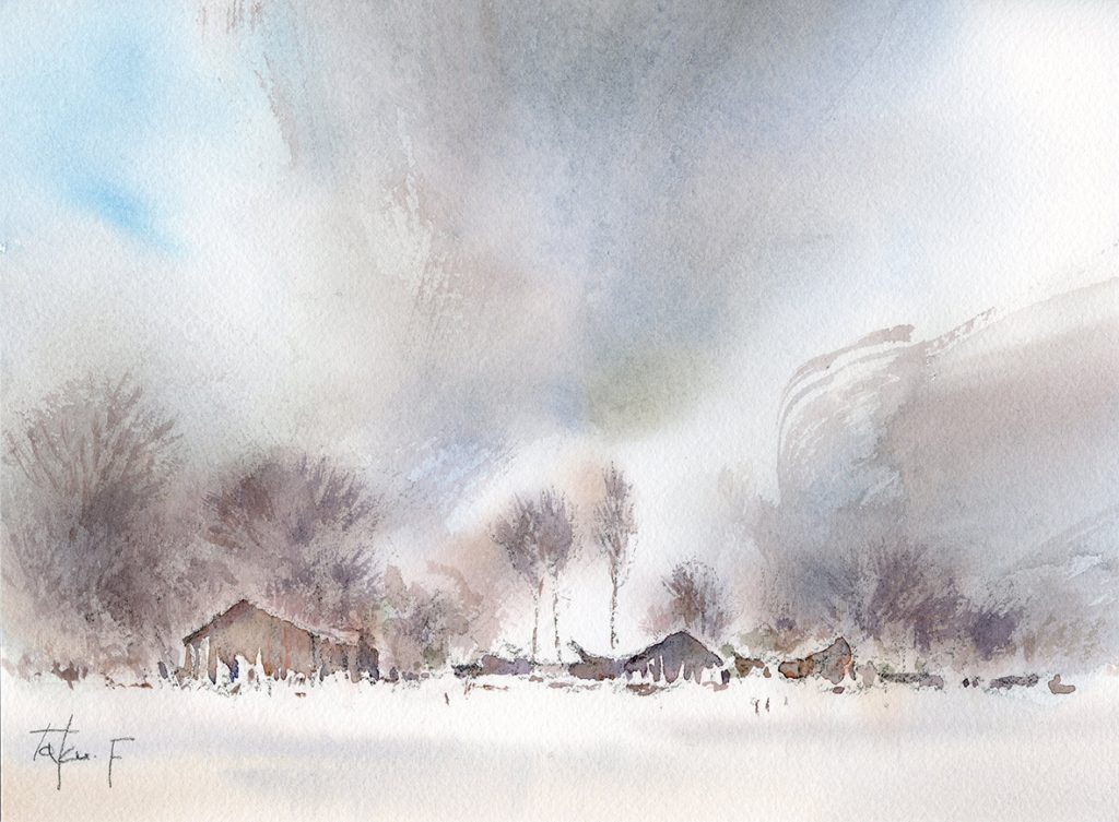 東北水彩風景 「雪鳴り」津軽の地吹雪