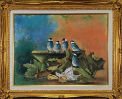 五百住乙人 「文鳥と枯葉」 油彩10号｜【Arts Ship】のむら画廊