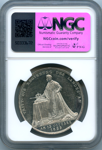 ドイツ バイエルン ルートヴィヒ1世戴冠記念 1825年 ターラー 銀貨 NGC