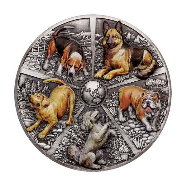 2025 World Popular Dogs 5 Oz Silver Antiqued Coloured Coin