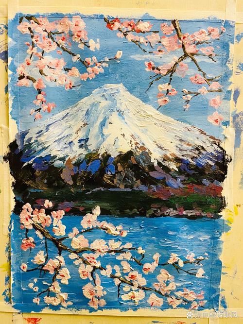 富士山与樱花水彩画富士山与樱花绘画彩铅– 博物迷