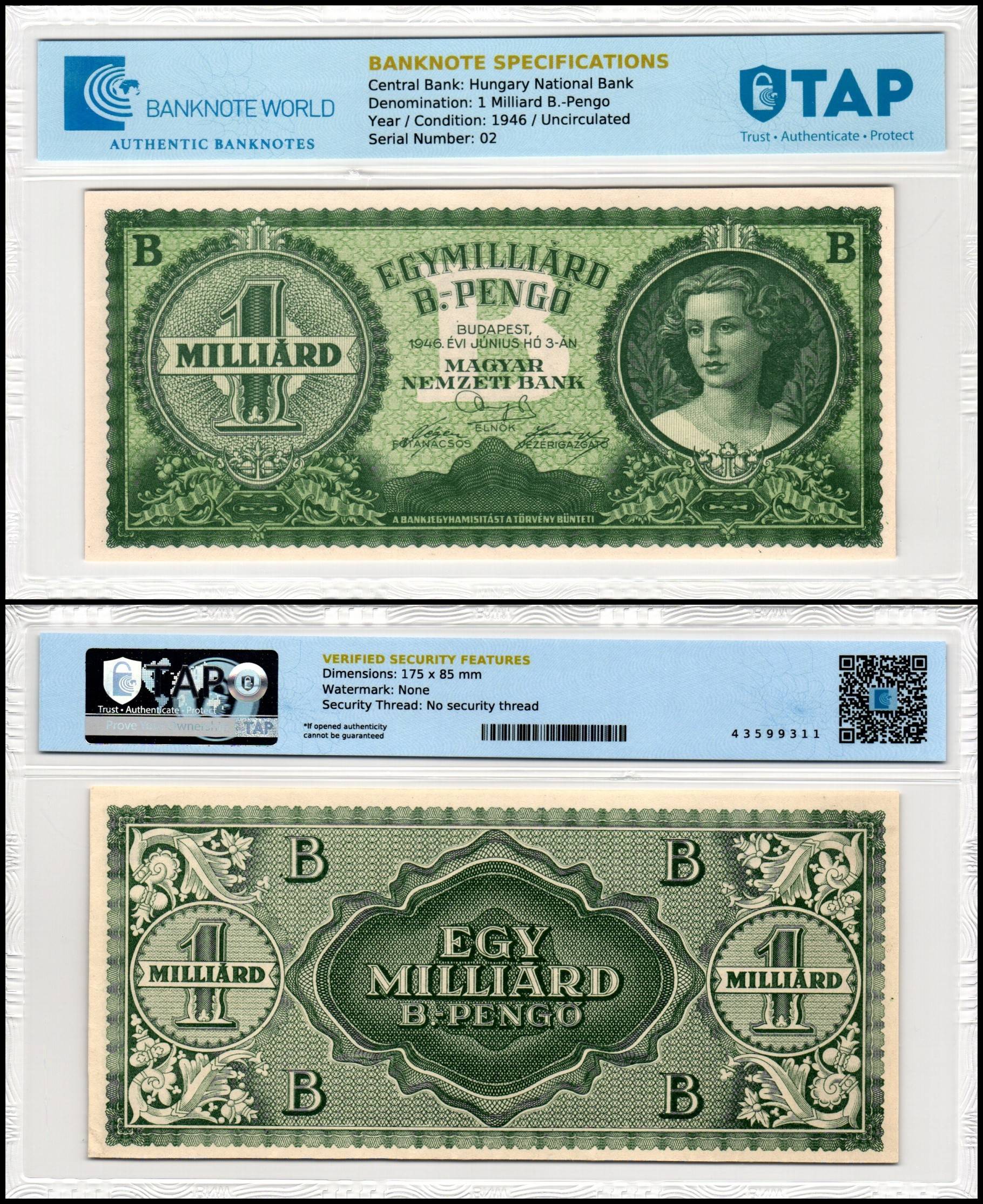 Hungary 1 Milliard - Billion B.-Pengo Banknote, 1946, P-137, UNC
