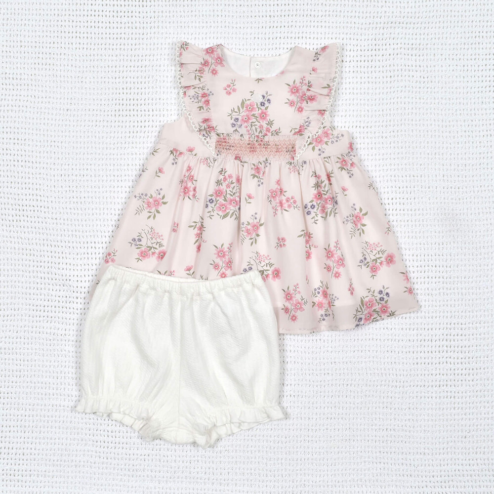 デシン花柄スモッキングワンピース(70~90cm)(S(70-80cm) ピンク系