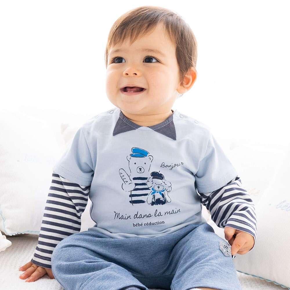 重ね着風ルウちゃんボーダー長袖Tシャツ(70~90cm)(S(70-80cm) ブルー系