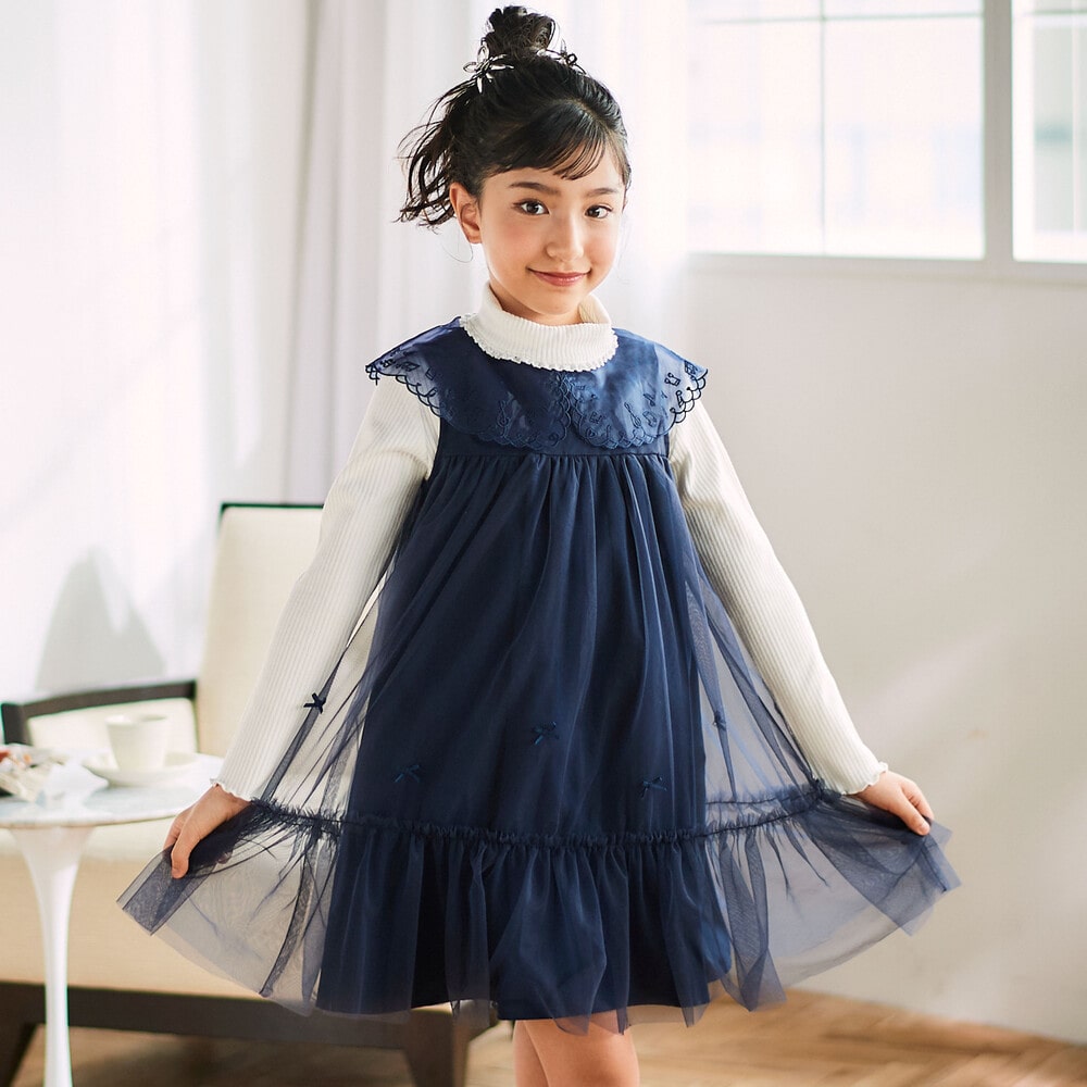 ハート音符刺しゅうオーガンジービッグカラーワンピース(80~130cm