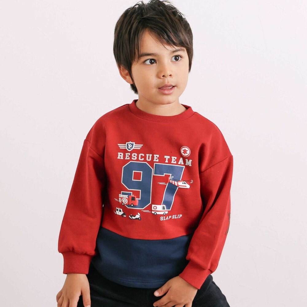 はたらくくるま発泡プリント星パッチナンバリングバイカラートレーナー