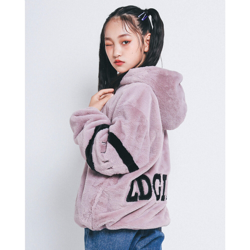 ニコ☆プチ 掲載 】 袖 ライン バック ロゴ フード フェイク ファー