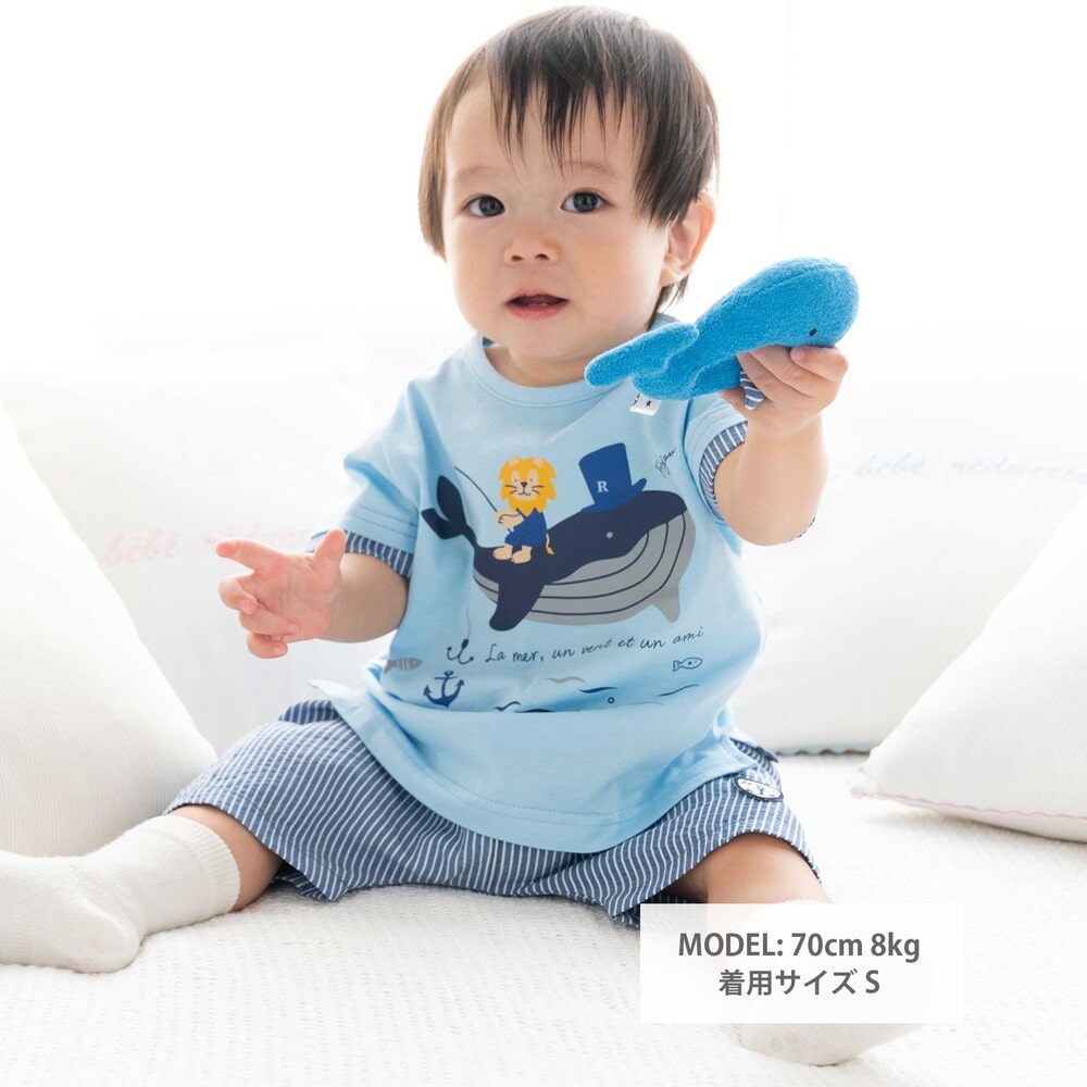 クジラライオン釣りTシャツ(70~90cm)(S(70-80cm) ブルー系): 新生児