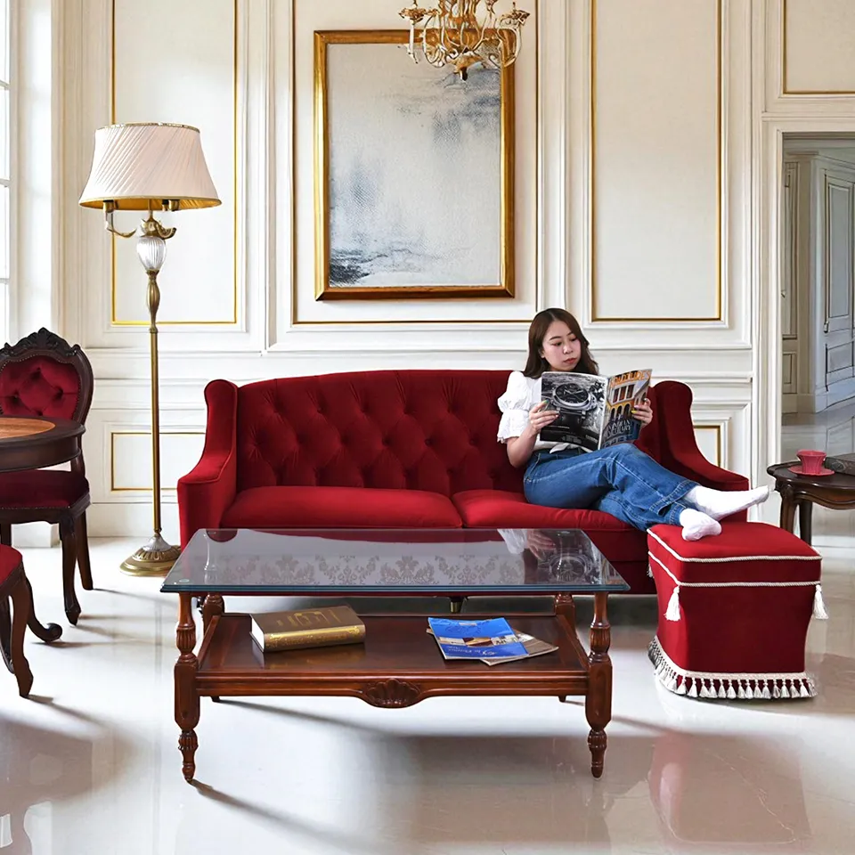 ロワイヤル ルージュ 3人掛けソファ(3P) ベルベット レッド ｜ロココ調