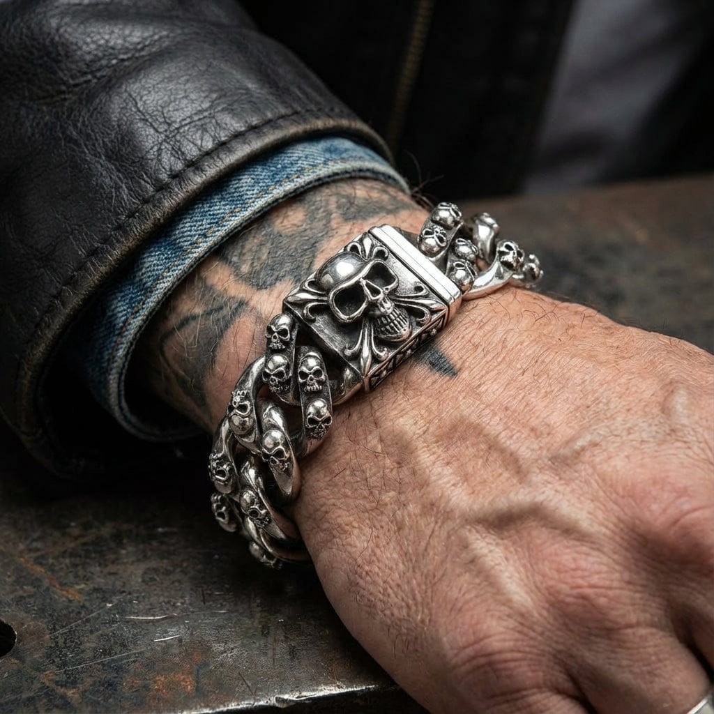 Multi-Skull Cuban Link Bracelet | Heavy 145g Silver Biker Jewelry