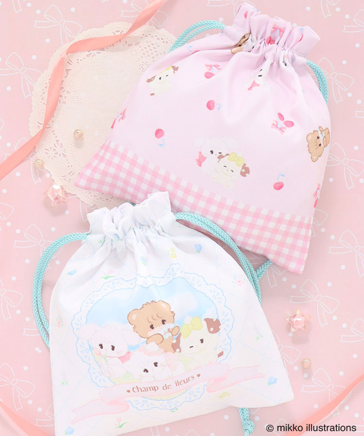 mikko illustrations巾着 ポーチ 小物入れ 巾着 mikko ホワイト ピンク