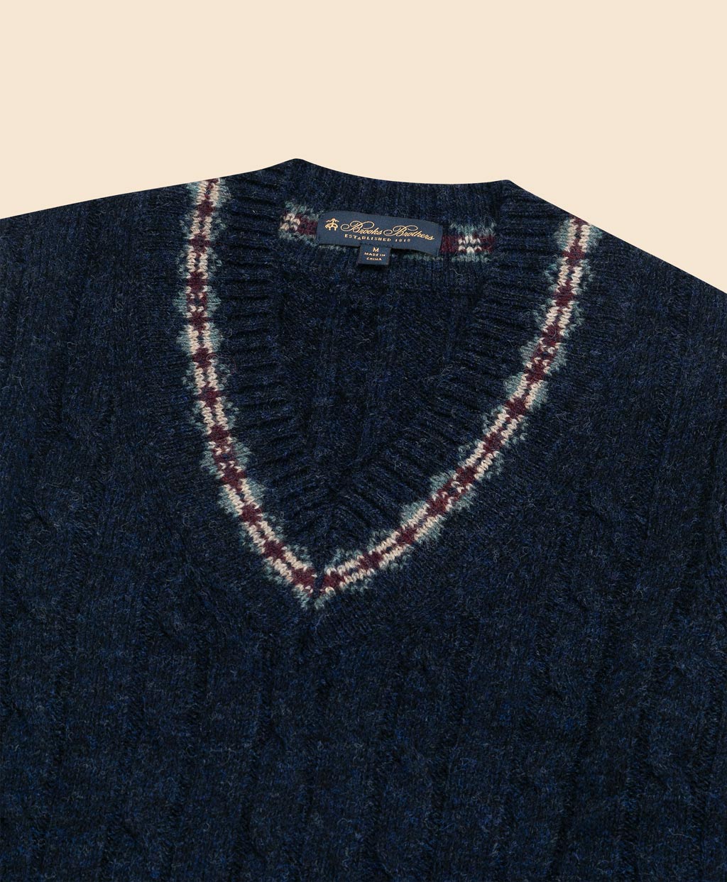 ウール ケーブル フェアアイルトリム Vネックテニスセーター | Brooks