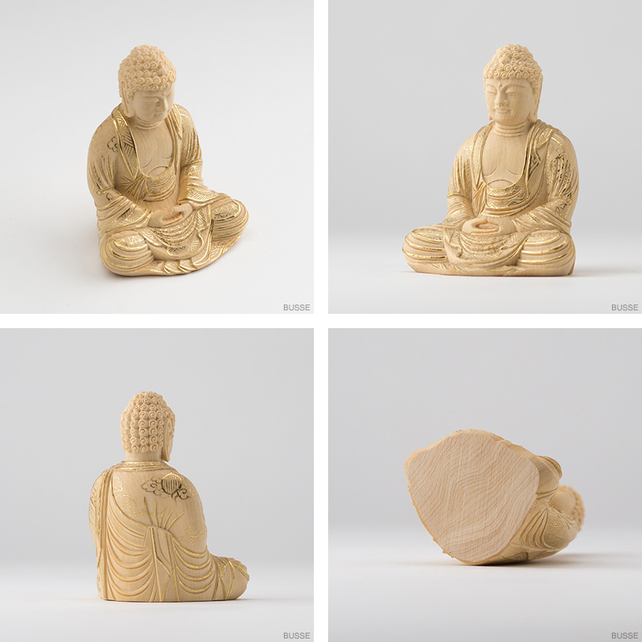 仏像 釈迦如来 座像 柘植製/ツゲ 丸座 2寸 金泥書 淡彩色 さくら色