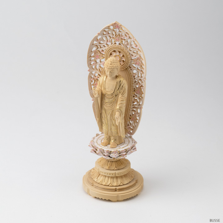 仏像 舟立阿弥陀如来 柘植製/ツゲ 丸座 3寸 金泥書 淡彩色 さくら色