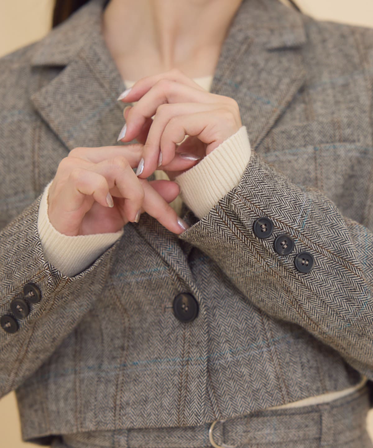 セットアップ可能】ヘリンボーンチェックテーラーショートジャケット(S