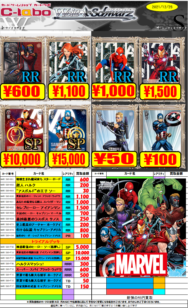 ヴァイス】WS-MARVEL買取情報【マーベル/アイアンマン/スパイダーマン