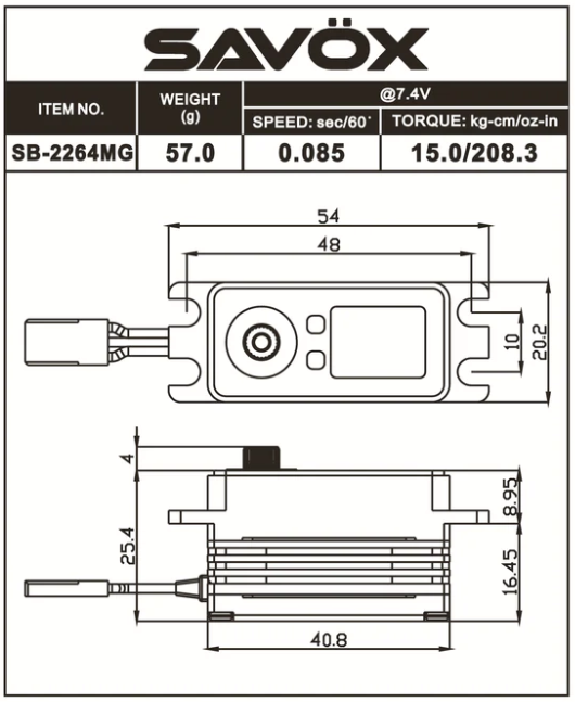 Savox SB2264MG - Low Profile High Voltage Brushless Servo .085