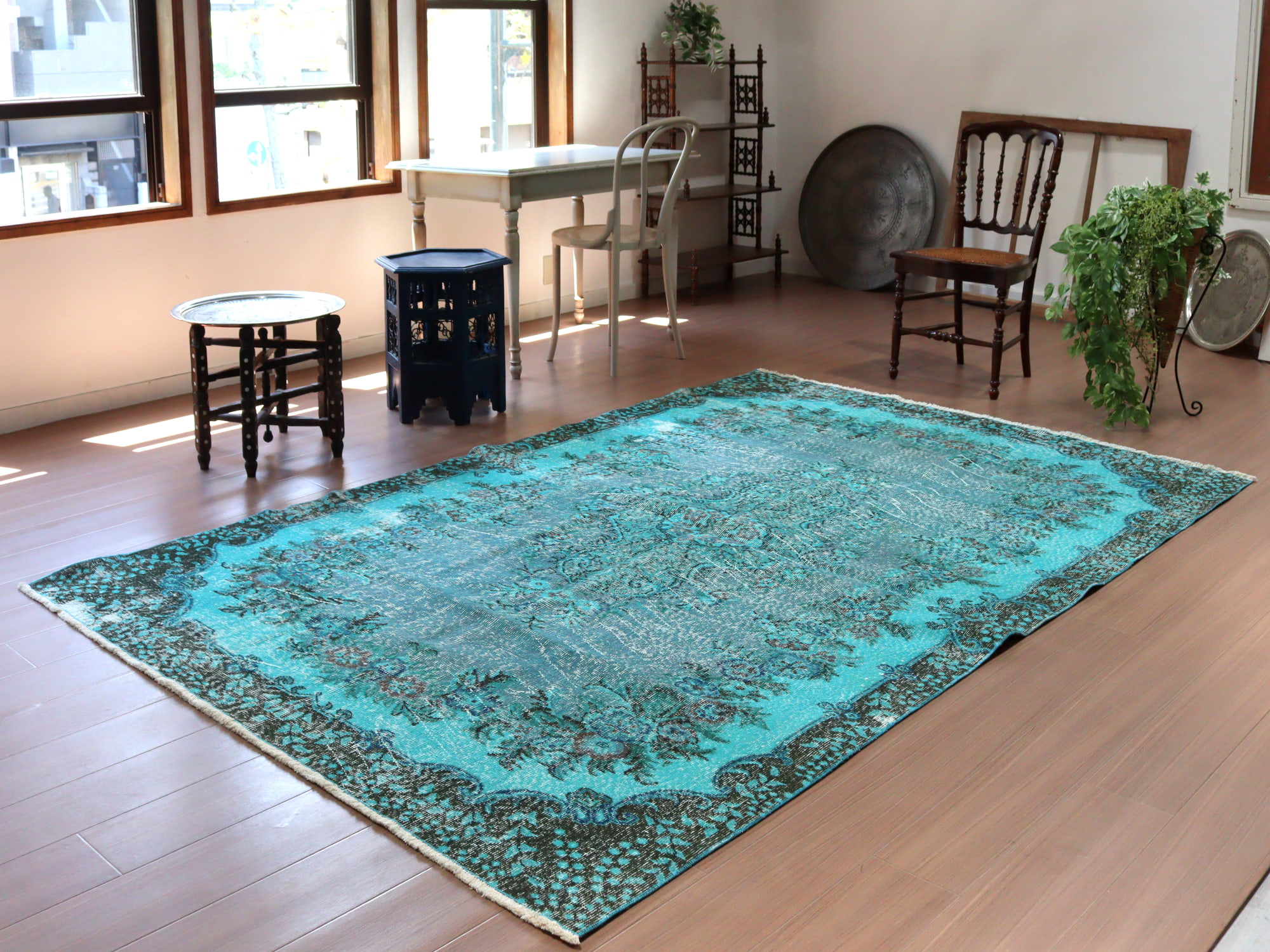 113×198レアえんじ色×グリーン 紋章ボタニカル トルコヴィンテージラグ