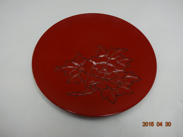 古道具・村上木彫堆朱・漆器・菓子器・堆朱六寸牡丹紋菓子皿・高橋連峰