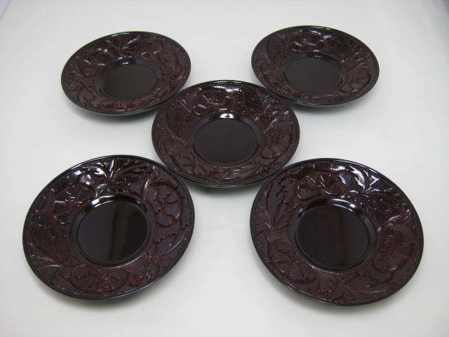 煎茶道具・漆器・村上木彫堆朱・朱溜塗・朱溜塗牡丹紋茶托・五枚