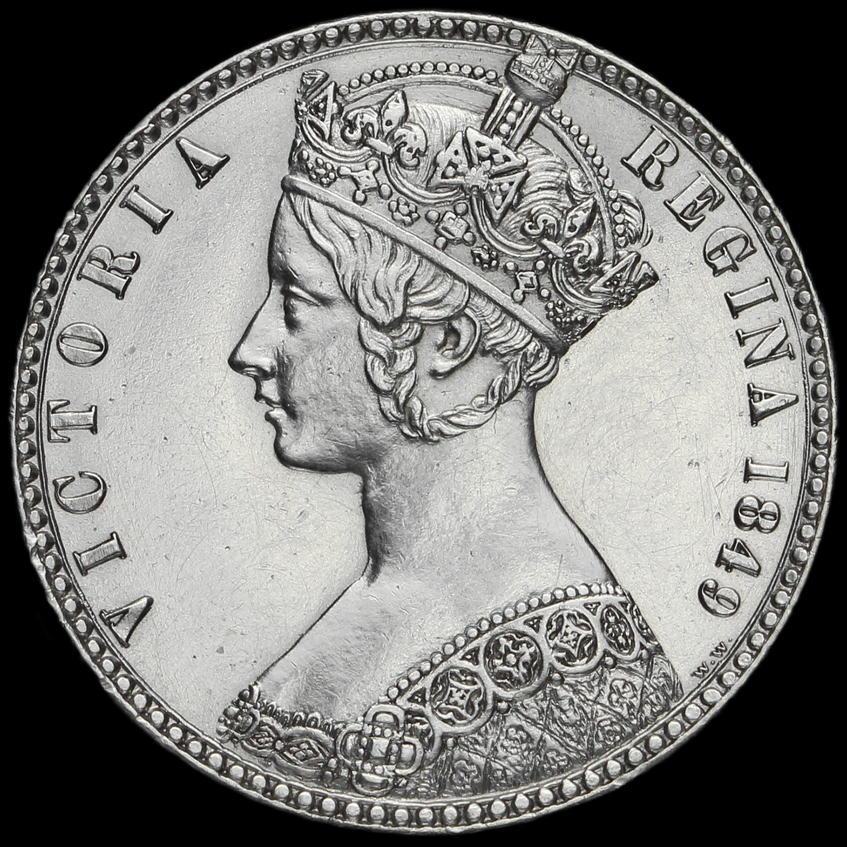 1849 Queen Victoria Godless Florin, A/UNC
