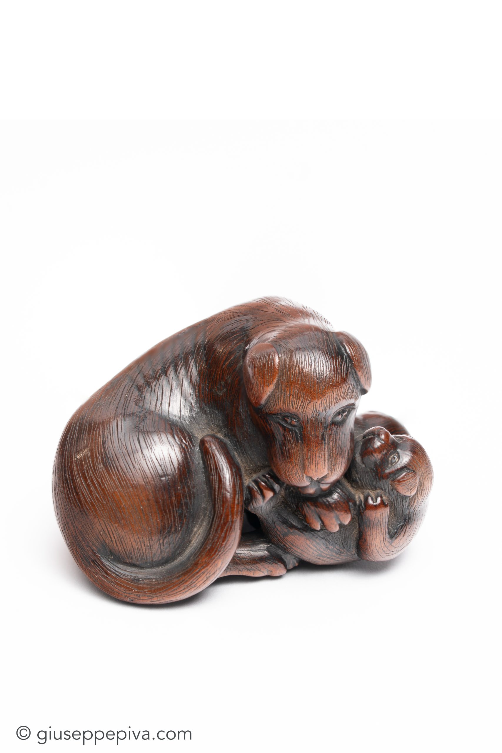 Wood netsuke representing a dog with its puppy | GIUSEPPE PIVA