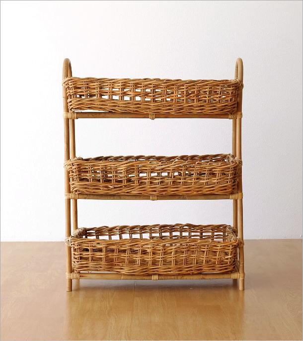 バスケット アラログ 3段 収納 おしゃれ ランドリーラック ラタン 天然
