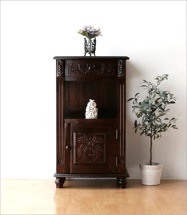 電話台 花台 アンティーク調 玄関 ハイスタンド 木製 キャビネット 扉