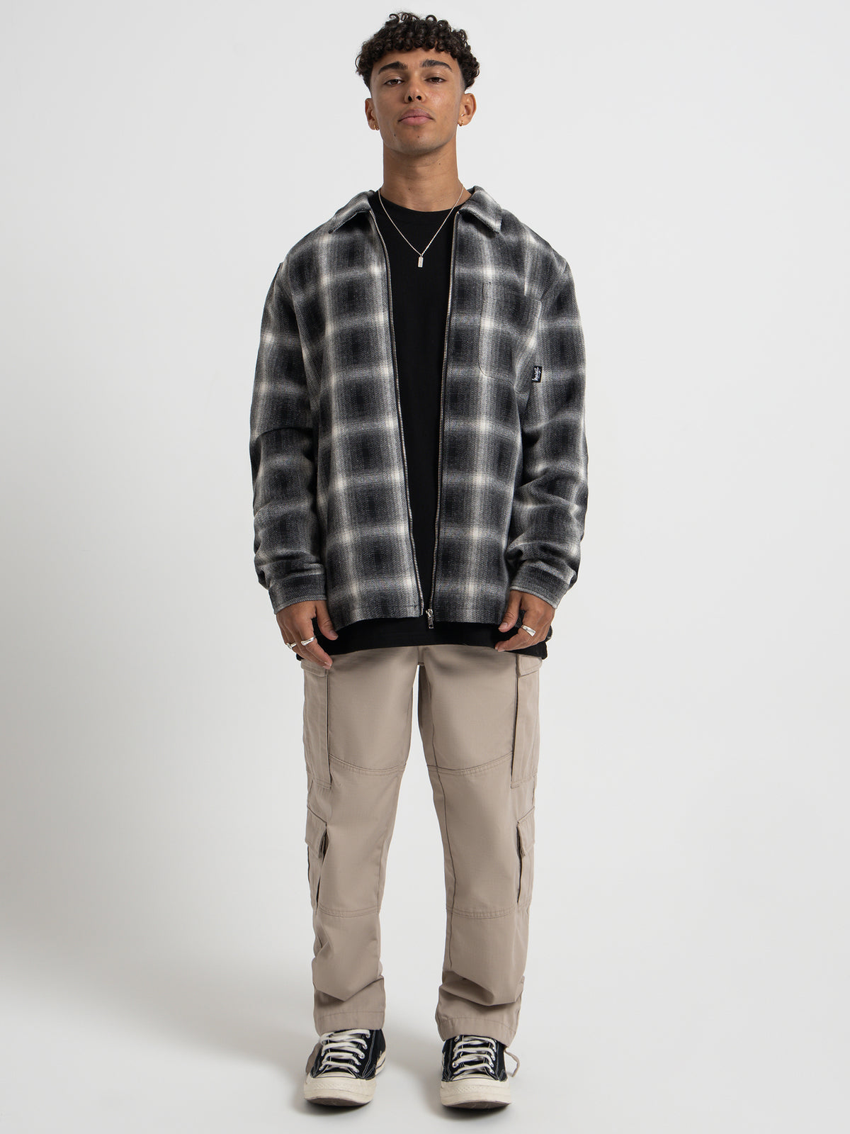 Stussy Shadow Plaid Zip Up Long Sleeve Shirt Black
