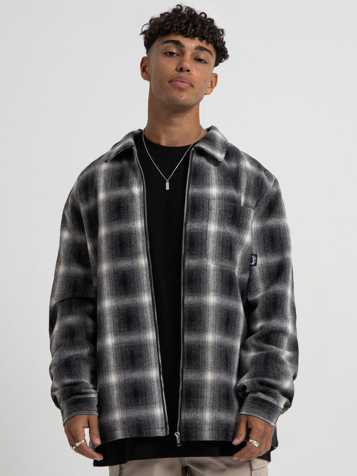 Stussy Shadow Plaid Zip Up Long Sleeve Shirt Black