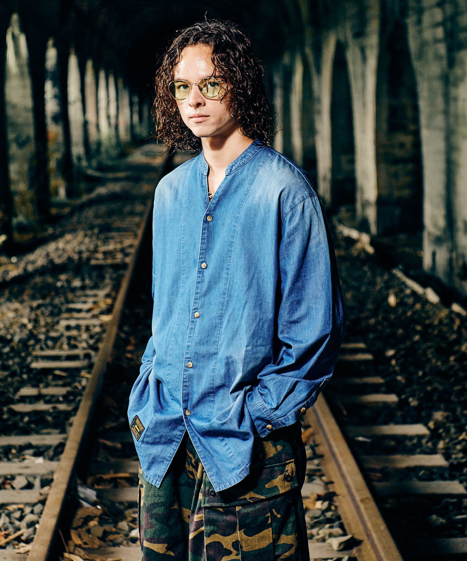 GB0424/SH09 : Band Collar Denim Shirt / バンドカラーデニムシャツ