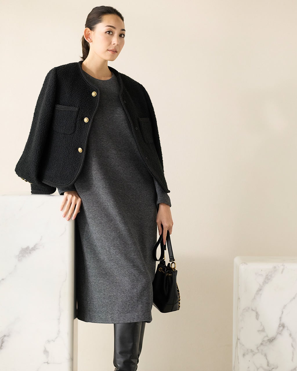 ウール混ジャージー・ヘリンボーンワンピース/DoCLASSE